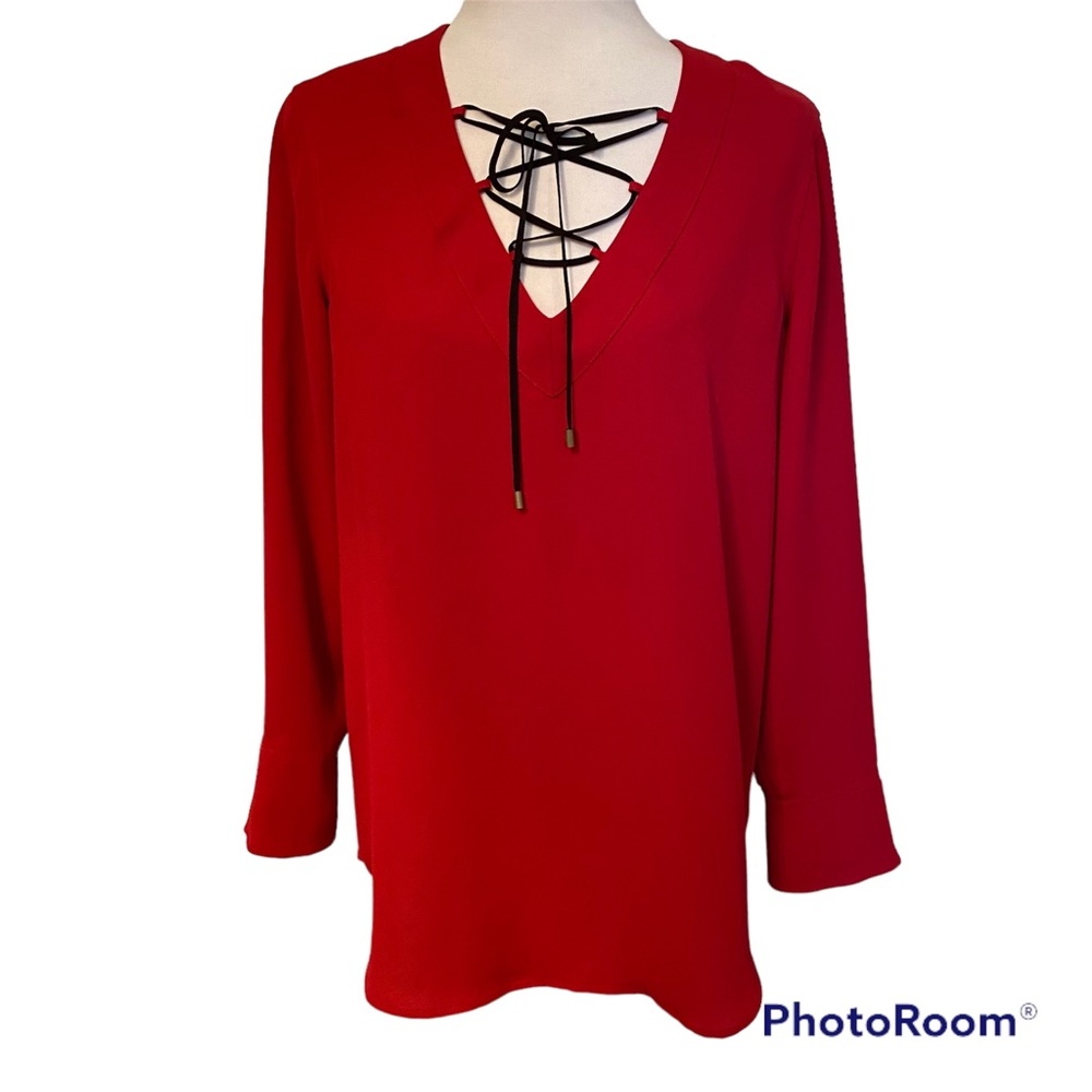 NIC+ZOE TOP BLOUSE RED V-NECK BLACK CRISS CROSS TIE LONG SLEEVE CUFF SIZE S
